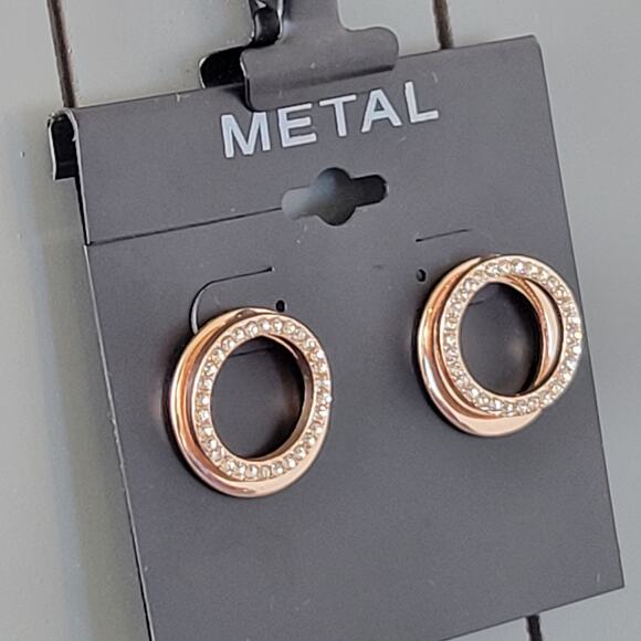 Rose Gold Circle Earrings with Crystal Accents, Metal Studs, Classic Style - Picture 3 of 9